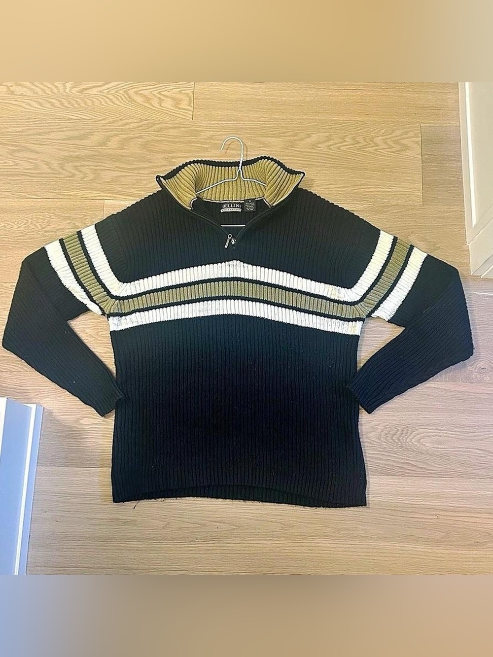 Bellini Black Ribbed Half-Zip Sweater with Olive and White Stripes